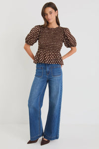 Requite Chocolate Polka Dot Shirred Body SS Top