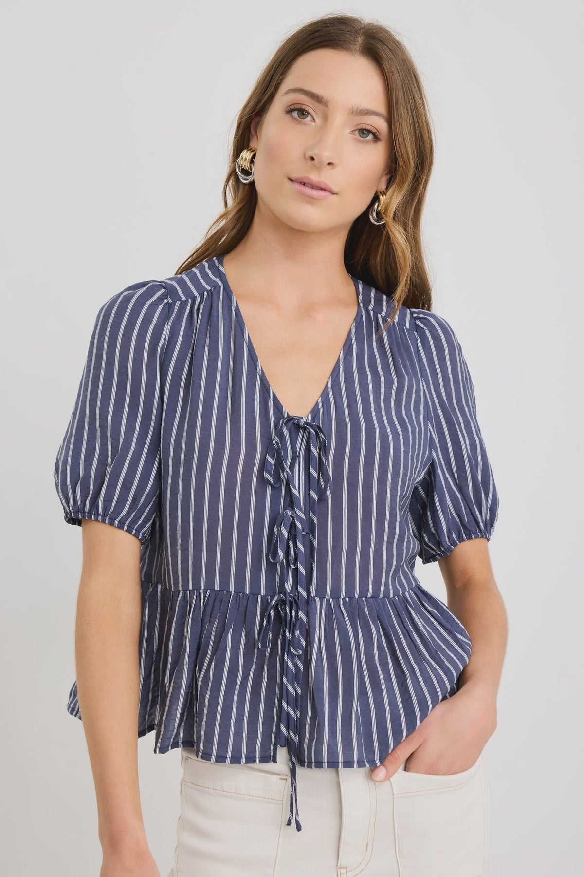 Restore Navy Stripe Tie Front Peplum SS Top