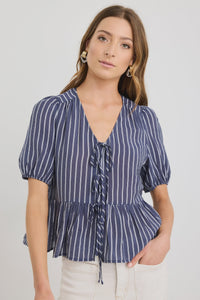 Restore Navy Stripe Tie Front Peplum SS Top