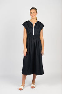Vneck Shirred Waist Dress with Contrast Trim and Pockets - Ink/White