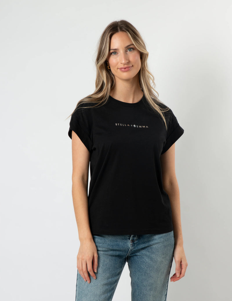 Cuff Sleeve T-Shirt - Black with Silver Logo