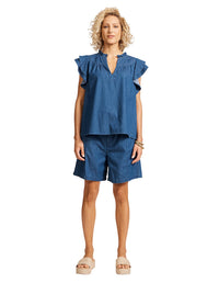 Melenia Denim Frill Top - Indigo
