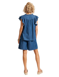 Melenia Denim Frill Top - Indigo