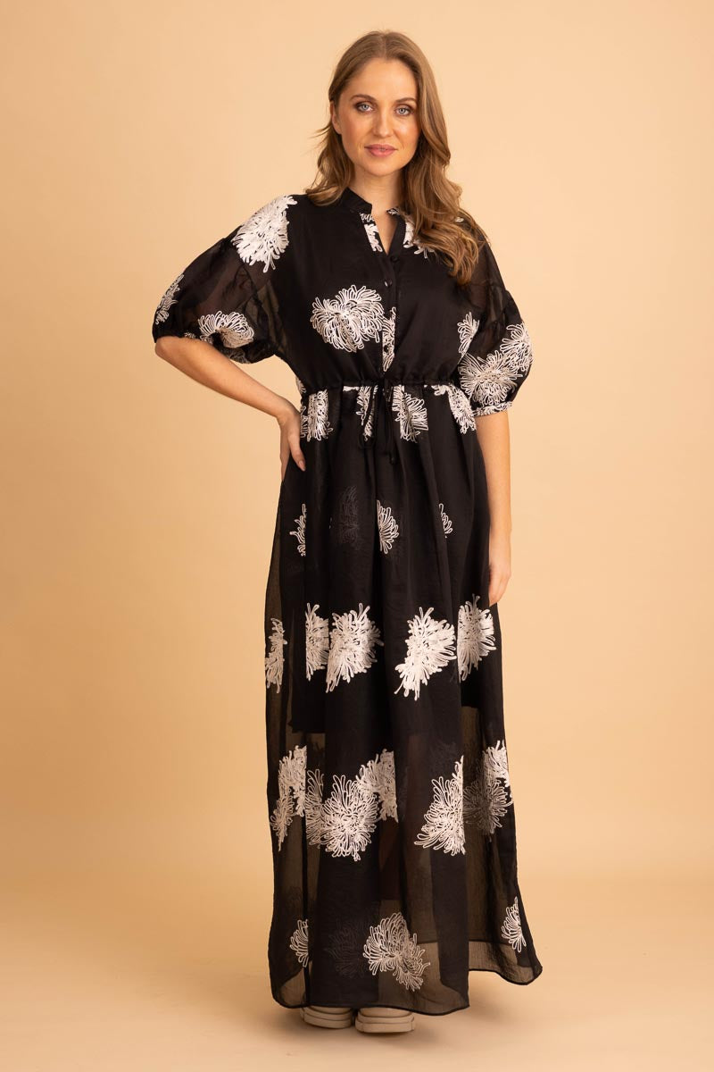 Sally Shirt Dress - Black Embroidered