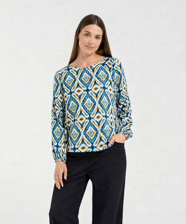 Skylar Pintuck Sleeve Top - Regatta Blue Aztec - Girl Next Door Fashion