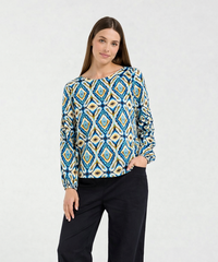 Skylar Pintuck Sleeve Top - Regatta Blue Aztec - Girl Next Door Fashion