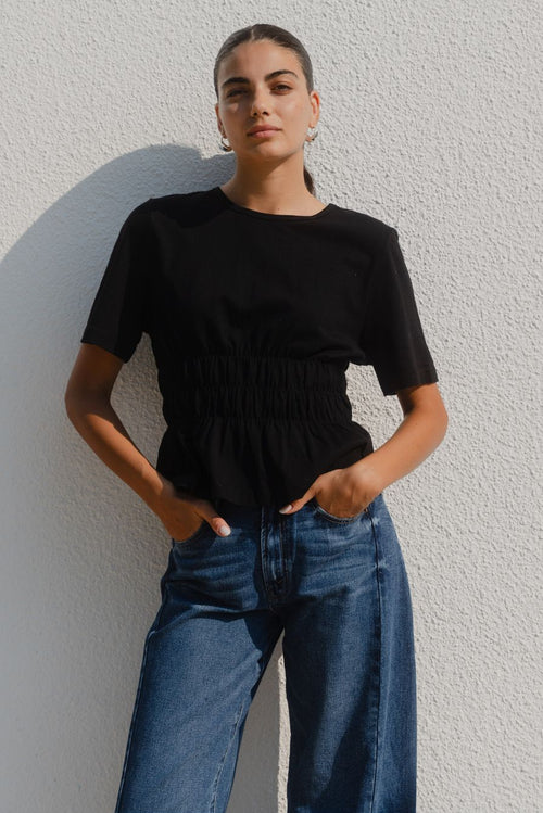 Svelte Black Shirred Detail SS Tee