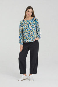 Skylar Pintuck Sleeve Top - Regatta Blue Aztec - Girl Next Door Fashion