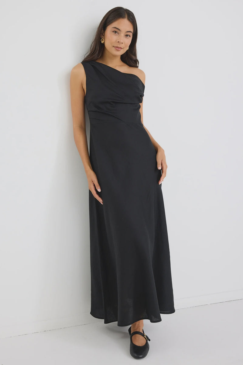Spotlight Linen Blend Off Shoulder Flare Midi Dress - Black