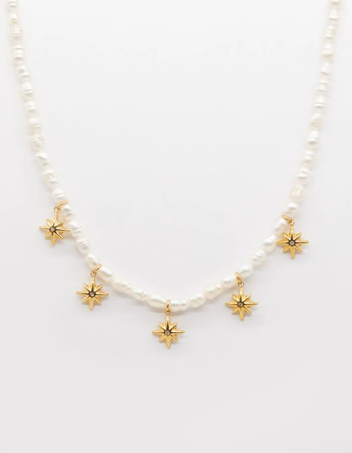 Pearls & Star Medallions Necklace - Gold