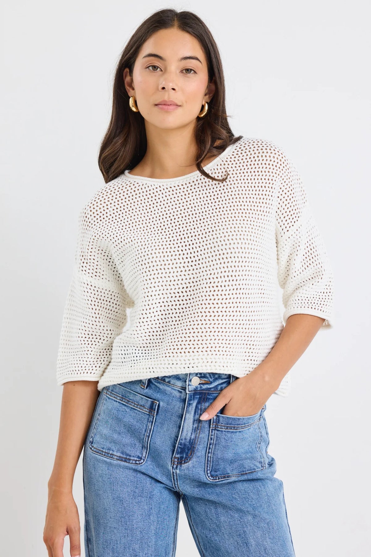 Sunrise SS Crochet Knit Tee - Ivory