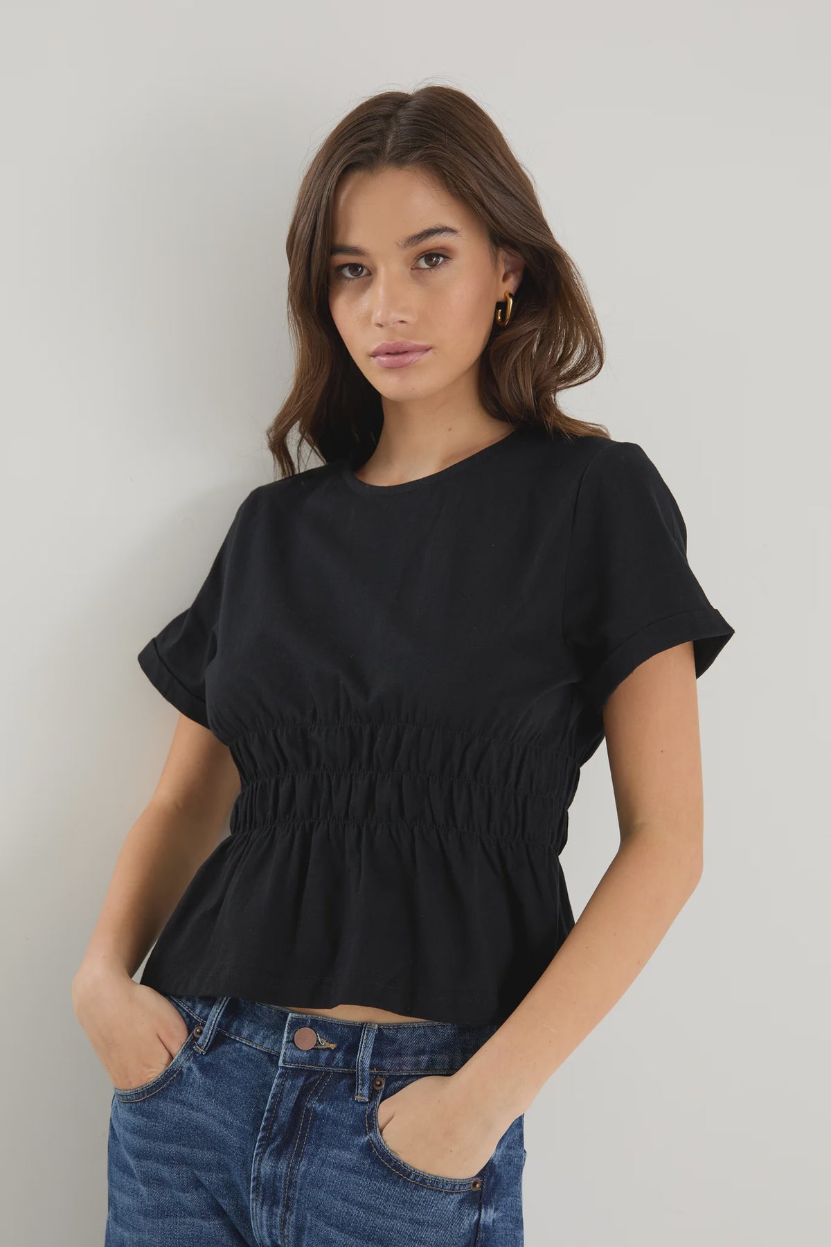 Svelte Black Shirred Detail SS Tee