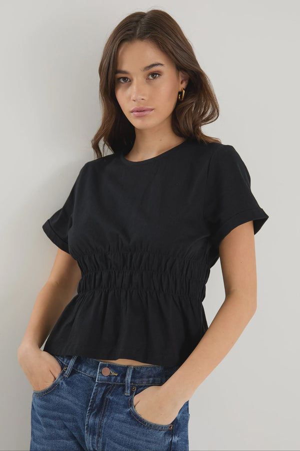 Svelte Black Shirred Detail SS Tee