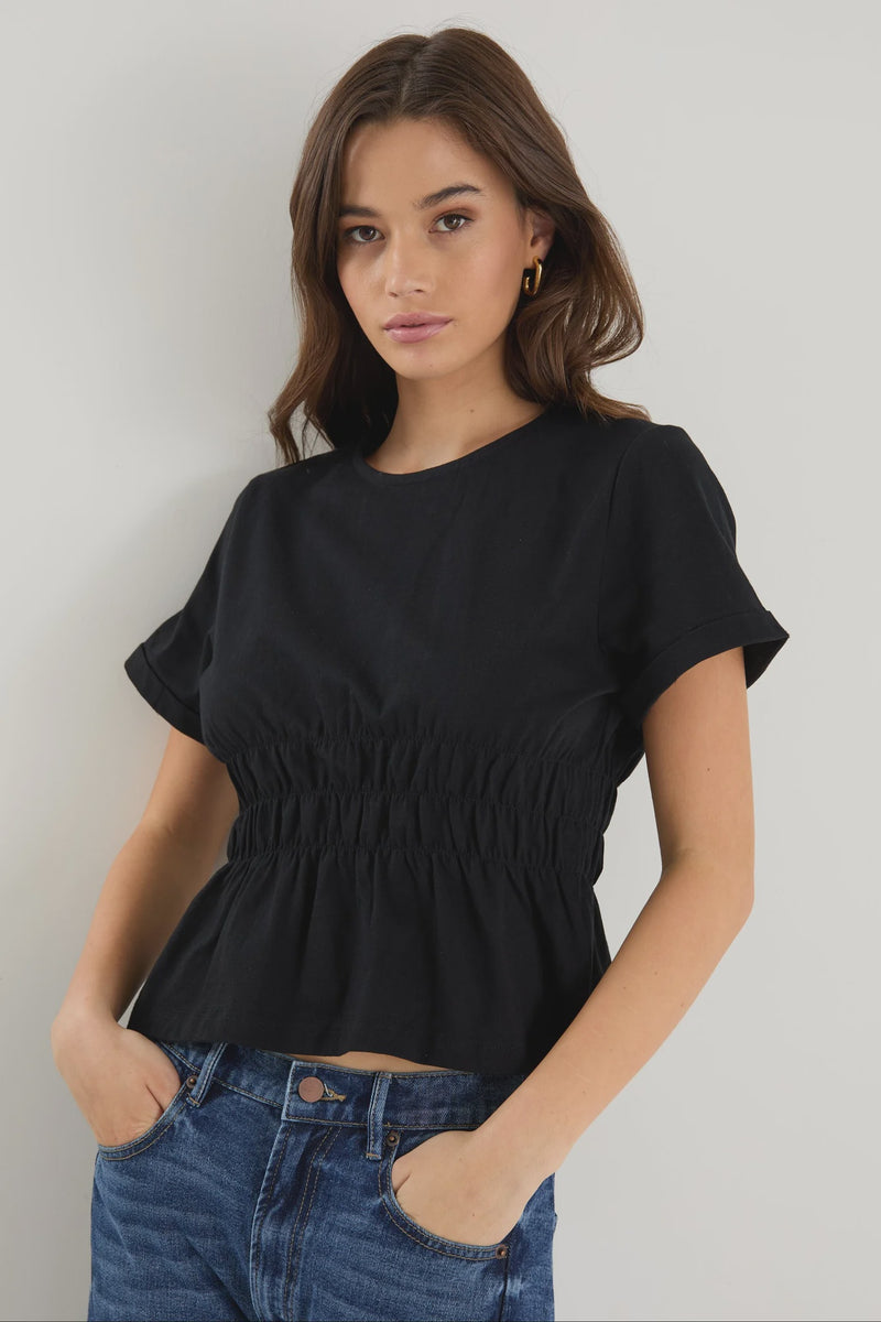 Svelte Black Shirred Detail SS Tee