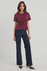 Svelte Burgundy Shirred Detail SS Tee - Burgundy