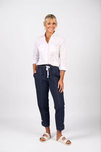 Relaxed Leg Ankle Grazer Pant with Contrast Trim & Stitching - Ink
