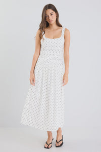 Tide Cream Polka Dot Pleated Bodice Strappy Midi Dress