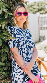 Stencil Floral Tee Dress - Naval Blue Floral Print