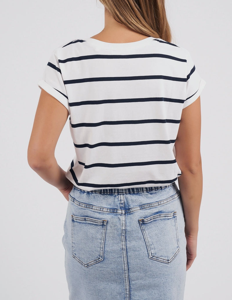 Manly Stripe Vee Tee - White/Navy Stripe