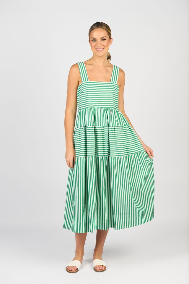 Sleeveless Tiered Dress with Wide Straps and Pockets - Clover Stripe