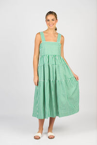 Sleeveless Tiered Dress with Wide Straps and Pockets - Clover Stripe