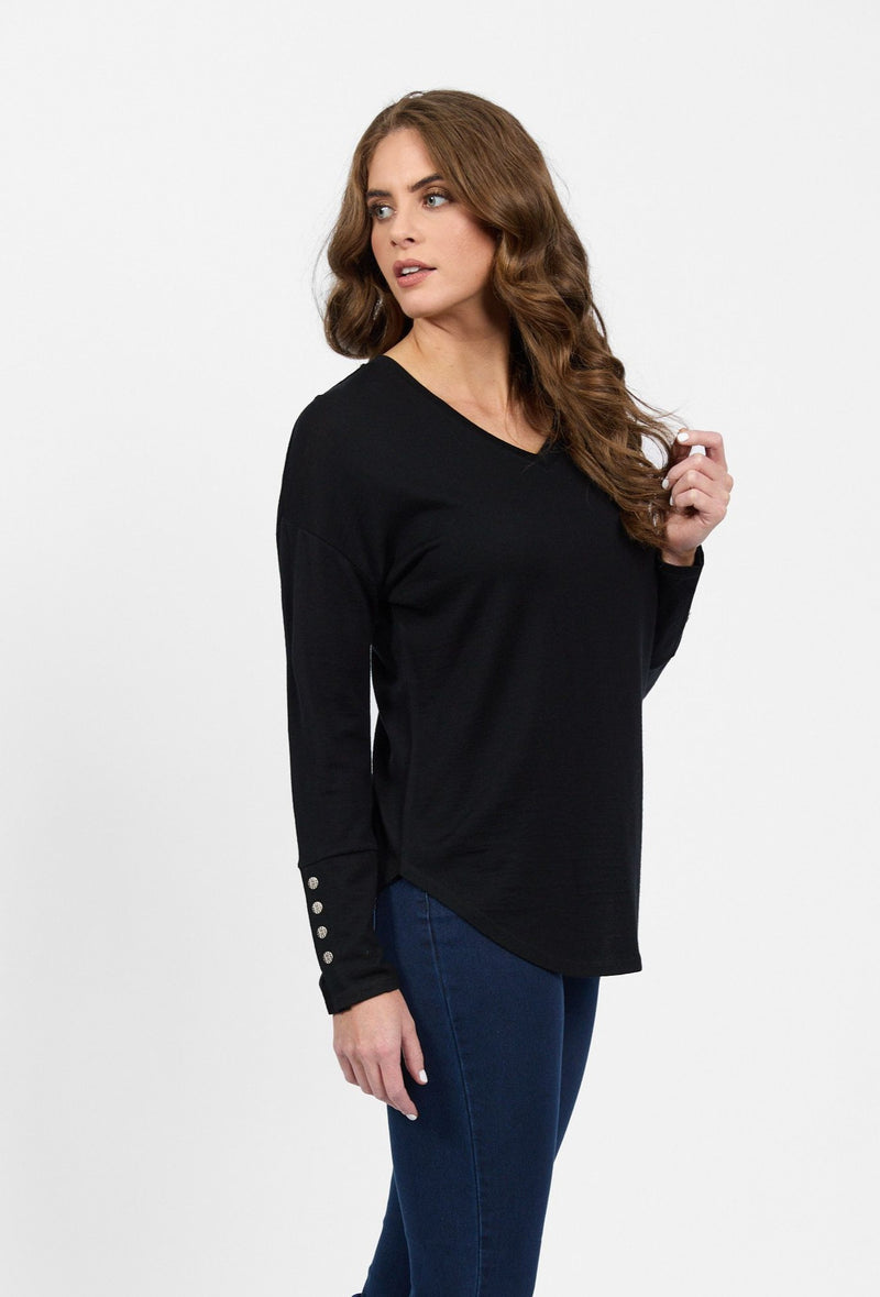 Merino V-Neck Top With Button Cuff Detail - Black