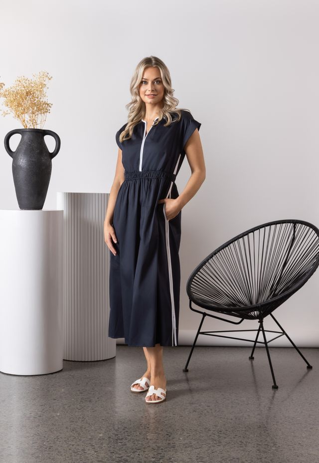Vneck Shirred Waist Dress with Contrast Trim and Pockets - Ink/White