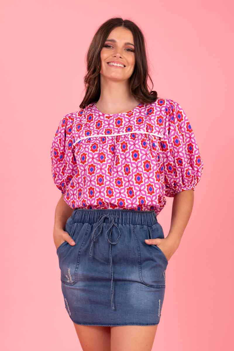 Zoe Top - Pink Red Print