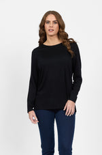 Merino Long Sleeve Top With Back Button Placket - Black