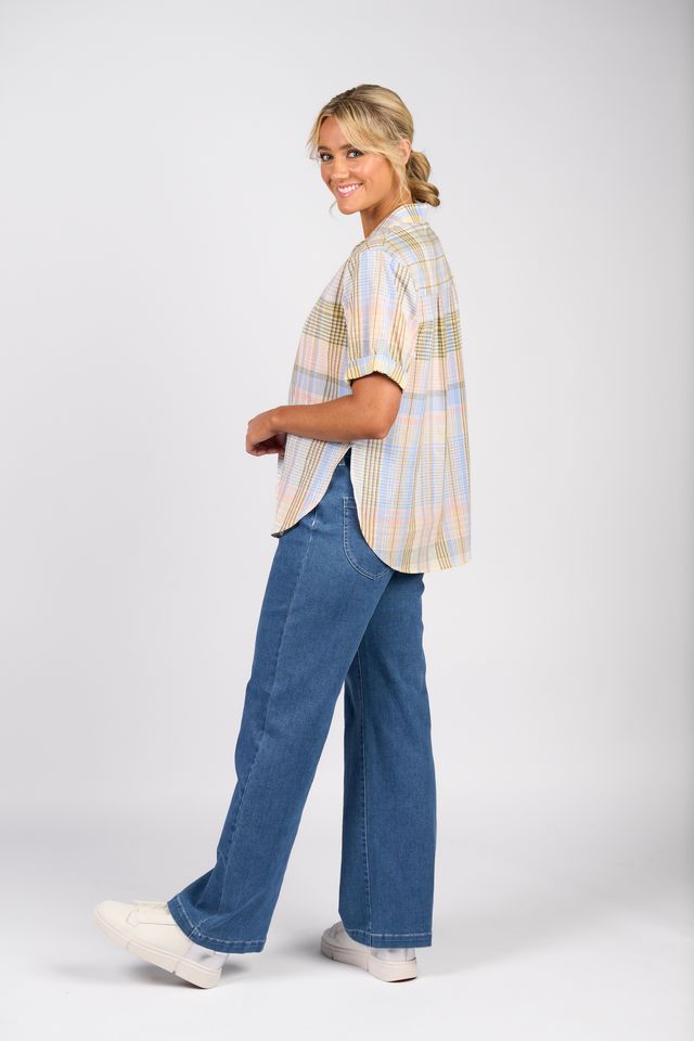 Dropped Shoulder Shirt with Rounded Hem - Blue Check