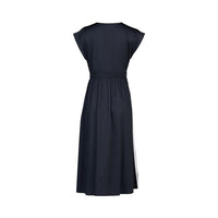 Vneck Shirred Waist Dress with Contrast Trim and Pockets - Ink/White