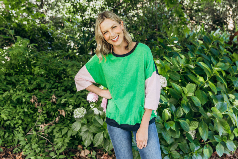 Mazie Colour Block Sweat - Green Briar