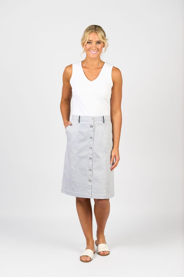 Knee Length Skirt with Contrast Buttons and Trim - Ink/White Stripe