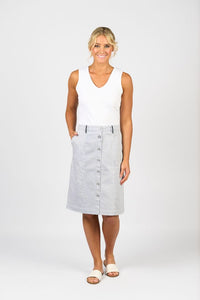 Knee Length Skirt with Contrast Buttons and Trim - Ink/White Stripe