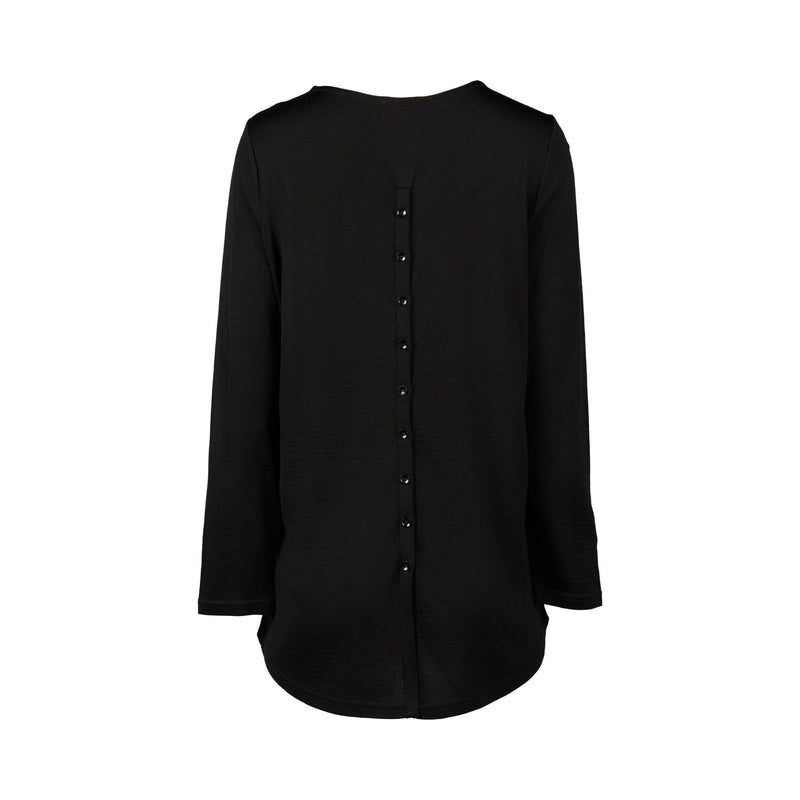 Merino Long Sleeve Top With Back Button Placket - Black