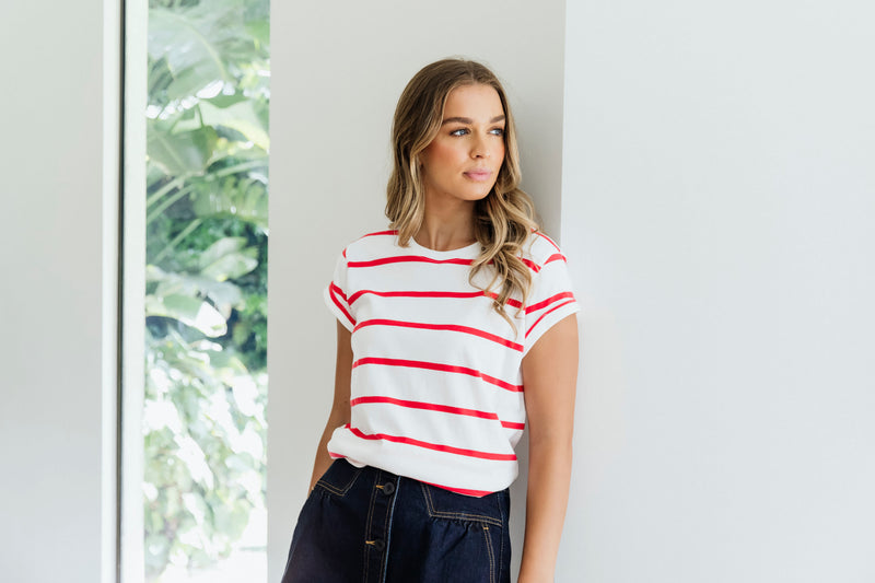 Manly Stripe Tee - White/Cayenne