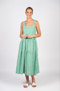 Sleeveless Tiered Dress with Wide Straps and Pockets - Clover Stripe