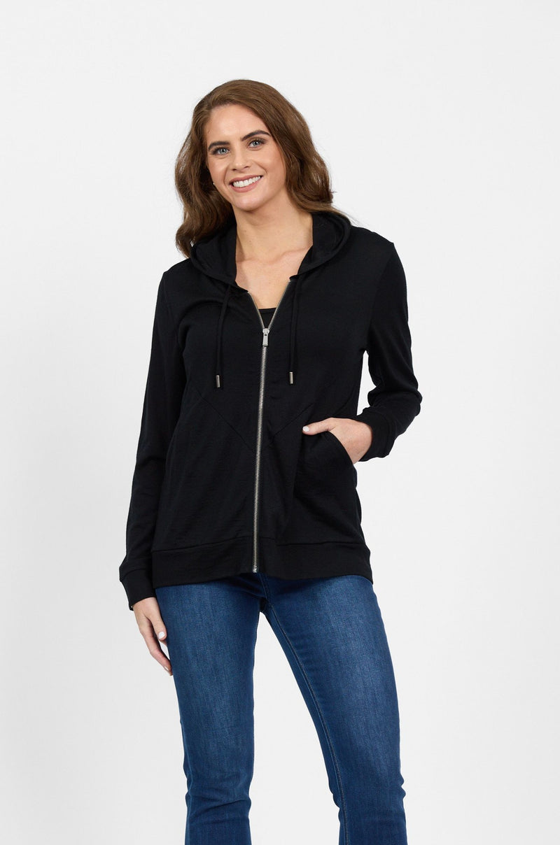 Merino Zip Up Hooded Jacket With Scooped Hem - Black