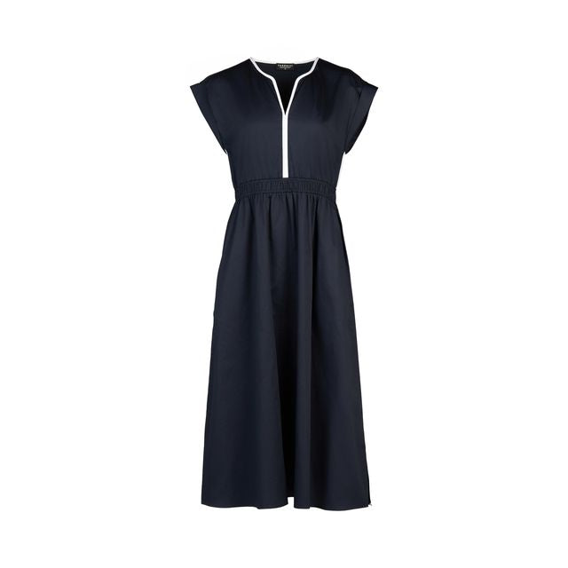 Vneck Shirred Waist Dress with Contrast Trim and Pockets - Ink/White