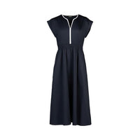 Vneck Shirred Waist Dress with Contrast Trim and Pockets - Ink/White