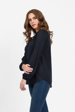 Merino Round Neck Top With Front Keyhole - Midnight