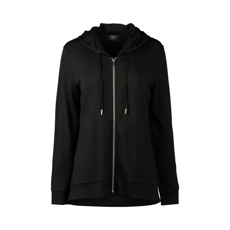 Merino Zip Up Hooded Jacket With Scooped Hem - Black