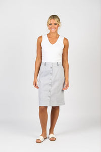 Knee Length Skirt with Contrast Buttons and Trim - Ink/White Stripe