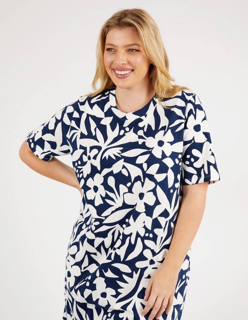 Stencil Floral Tee Dress - Naval Blue Floral Print