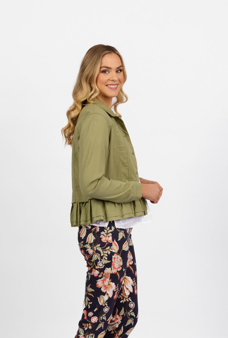 Denim Jacket with Cotton Frill Hem - Sage