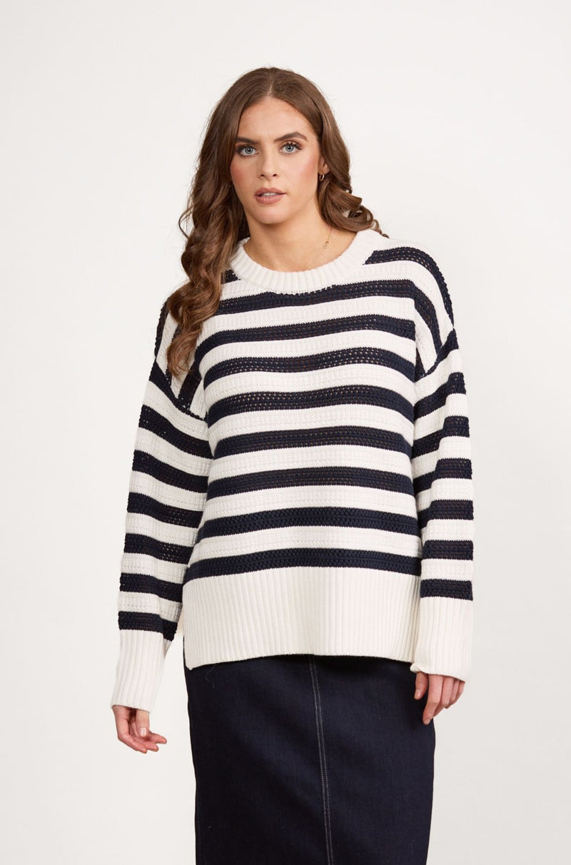 Round Neck Relaxed Jumper - Off White/Ink