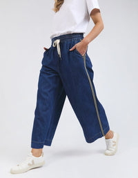 Greta Wide Leg Pant - Dark Blue Wash side stripe