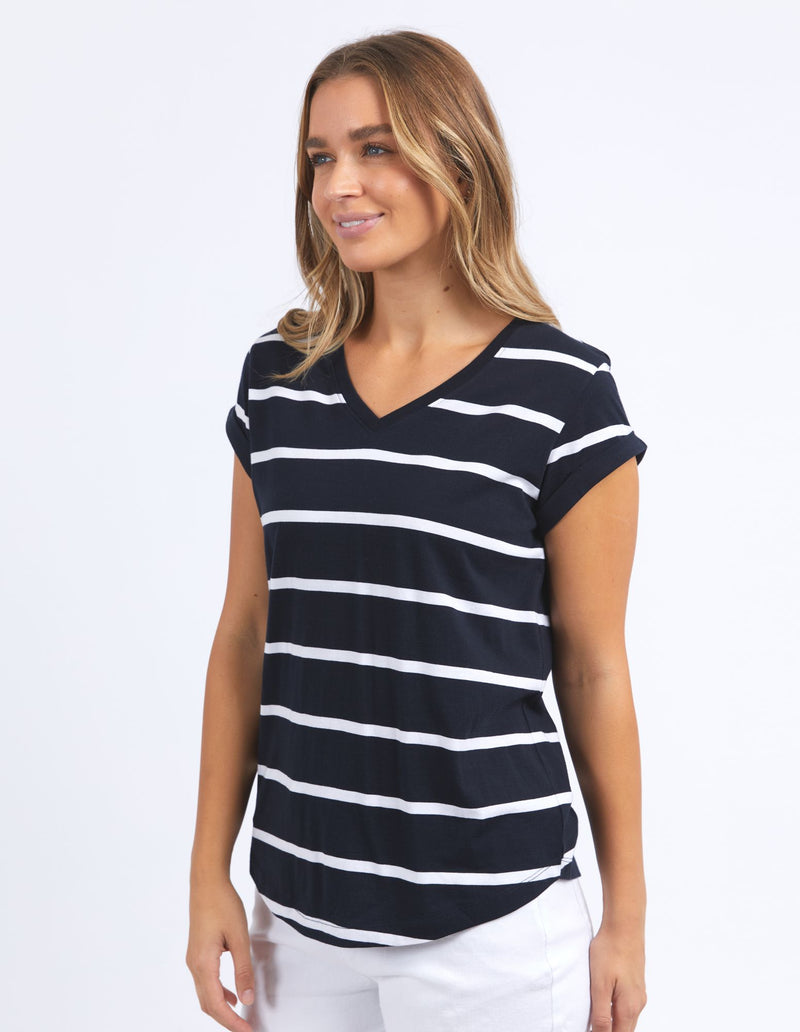 Manly Stripe Vee Tee - Dark Sapphire/White Stripe