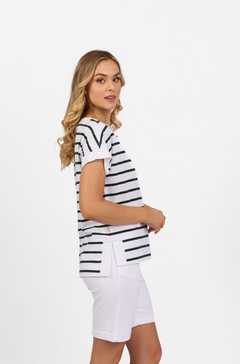 Drop Sleeve Top with Stepped Hem - White/Forest Stripe