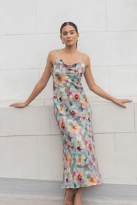 Lavish Blue Multi Floral Tie Back Bias Slip Dress